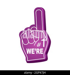 Fan foam finger. Hands up with glove with inscription were number one violet color Stock Vector