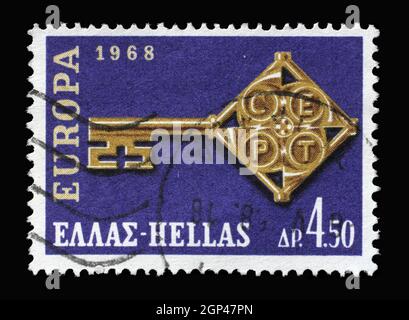 Stamp printed in Greece shows EUROPA/CEPT Engraving on a Key, circa 1968 Stock Photo