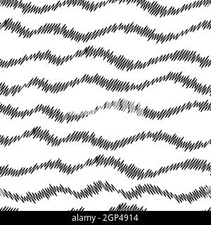 Wavy scribbled lines seamless vector pattern background. Horizontal uneven line art black and white wavy zig zag waves repeat. Abstract doodle Stock Vector