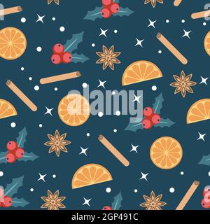 Merry Christmas background with and holly berries and oranges on a blue background. Background for your design. Vector illustration. Stock Vector