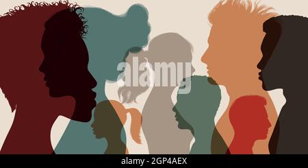 Psychology and psychiatry concept. Silhouette heads faces in profile of multiethnic and multicultural people.Psychological therapy. Diversity people Stock Vector