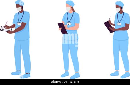 Hospital doctor semi flat color vector character set Stock Vector