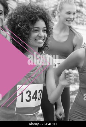 Composition of black and white happy diverse group of sportswomen running Stock Photo
