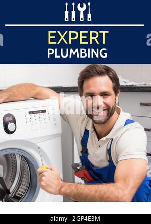 Composition of expert plumbing text over smiling caucasian male plumber fixing washing machine Stock Photo