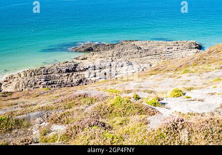 Landscape of the Brittany coast in the Cape Frehel region with its beaches, rocks and cliffs in summer. Stock Photo