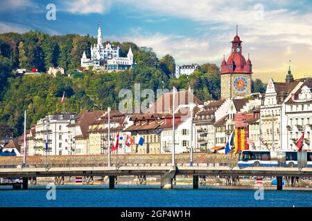 Luzern. Town of Luzern famous landmarks view from lake, historic tourist destination in Switzerland Stock Photo