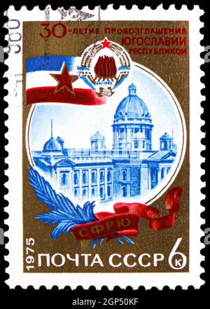 MOSCOW, RUSSIA - AUGUST 4, 2021: Postage stamp printed in Soviet Union devoted to 30th Anniversary of Yugoslav Republic, serie, circa 1975 Stock Photo