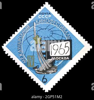 MOSCOW, RUSSIA - AUGUST 5, 2021: Postage stamp printed in Soviet Union devoted to 4th International Film Festival, 1965, Moscow, Film Festivals serie, Stock Photo