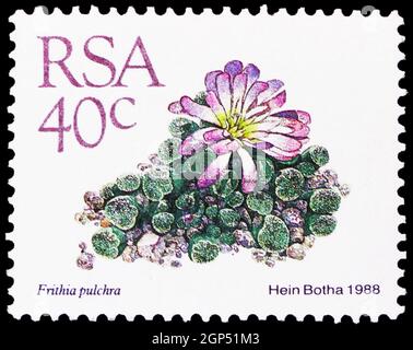 MOSCOW, RUSSIA - AUGUST 5, 2021: Postage stamp printed in South Africa shows Frithia Pulchra, Definitive Issue - Succulents serie, circa 1988 Stock Photo