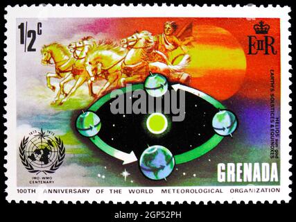 MOSCOW, RUSSIA - AUGUST 5, 2021: Postage stamp printed in Grenada shows Helios (Greek god) and Earth orbiting the Sun, Centenary of the World Meteorol Stock Photo