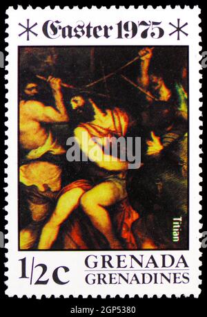 MOSCOW, RUSSIA - AUGUST 5, 2021: Postage stamp printed in Grenada Grenadines shows The Crowning with Thorns (detail) - Titian, Easter - Paintings of t Stock Photo