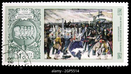 MOSCOW, RUSSIA - AUGUST 5, 2021: Postage stamp printed in Soviet Union shows 150th Anniversary of Decembrist Uprising, serie, circa 1975 Stock Photo