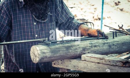 rebar bending steel on construction site for Steel stirrups component member in beam reinforcement structure. Stock Photo
