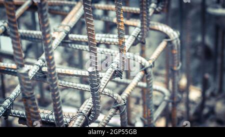 Deform bar steel bars with wire rod used in foundation footing reinforcement concrete structure. Stock Photo