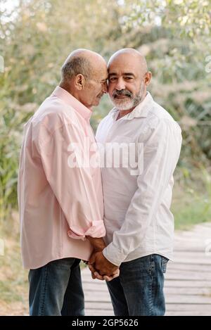 Affectionate middle-aged gay couple enjoying lovely moments together during a date in a park. Stock Photo