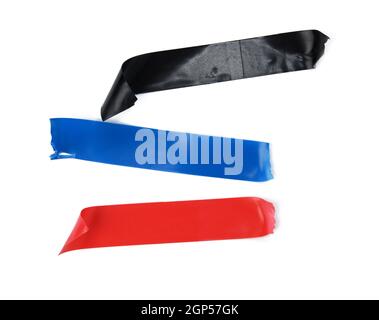 multicolored rubber insulating tape, pieces isolated on white background, close up Stock Photo
