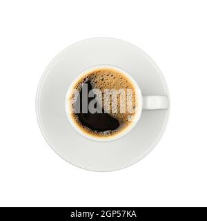 Close up one white cup full of black instant coffee on saucer isolated on white background, elevated top view, directly above Stock Photo