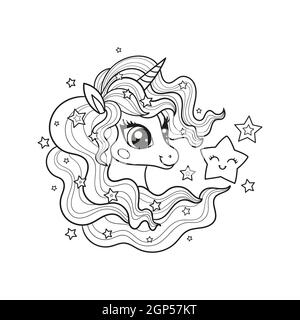 The head of a unicorn with a long mane. Black and white linear drawing. Vector Stock Vector