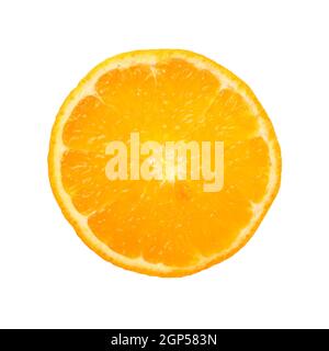 Close up one round thin cut slice of fresh tangerine orange, backlit and isolated on white background Stock Photo