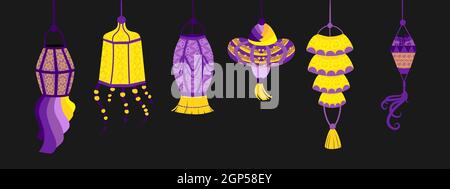 Set of various Indian lanterns. Hand painted holiday candles and lights. Asian decorative objects. Vector violet-yellow elements isolated on black Stock Vector