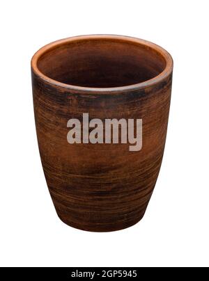simple rough clay mug without handle empty isolated on white background Stock Photo