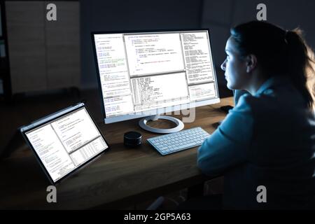 Software Programmer Coder Working On Computer At Night Stock Photo