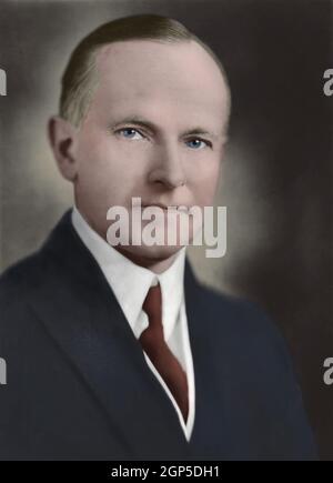 Calvin Coolidge, 30th President of the United States serving from 1923-1929. Harris & Ewing Studio photograph, ca. 1924. Digital color by Barbara Cushing Schultz, 2020  (BSIC 2020 10 34)