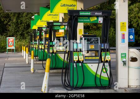 Closed pumps at a BP Petrol Station at Gatwick Airport where fuel has been unavailable for three days. Stock Photo