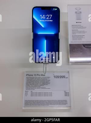 September 24, 2021, Moscow, Russia. A new smartphone from Apple iPhone 13 Pro MAX on a storefront. Stock Photo