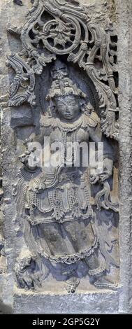 Corner Pillar, from 12th century found in Halebid, Kamataka now exposed in the Indian Museum in Kolkata, West Bengal, India Stock Photo
