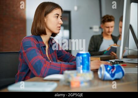Focused IT specialists works on computers in office. Web programmer or designer at workplace, creative occupation. Modern information technology, corp Stock Photo