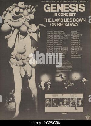 Genesis, The Lamb Lies Down On Broadway, full page advert for British concert tour, Peter Gabriel's last shows with the group.  Image of Gabriel in his rubber costume. Stock Photo