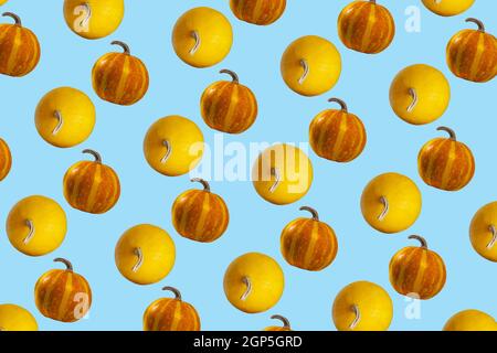 Orange and Yellow Pumpkins Seamless Pattern on Blue background, top view, Autumn Holiday Concept. Stock Photo