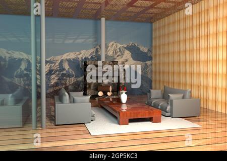 Inside a mountain chalet  with big windows, 3d rendering Stock Photo