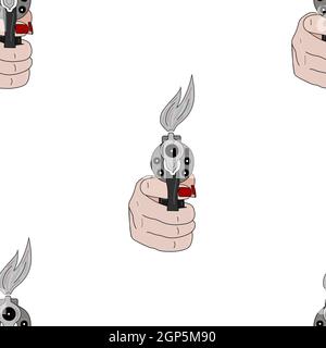 Background seamless pattern with gun the hand of a girl with a red manicure with smoke from a gun shot.  Stock Vector