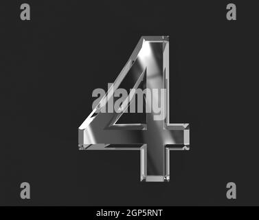 White shiny glassy crystal alphabet - number 4 isolated on dark, 3D illustration of symbols Stock Photo