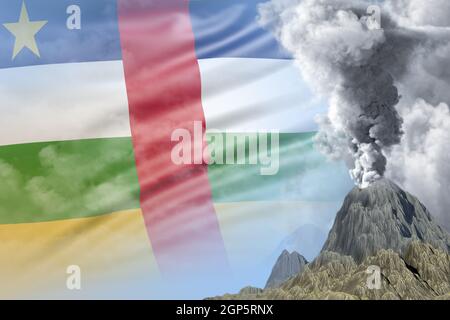 big volcano eruption at day time with white smoke on Central African Republic flag background, troubles because of eruption and volcanic ash conceptua Stock Photo