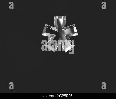 White shine reflective transparent alphabet - asterisk isolated on dark background, 3D illustration of symbols Stock Photo