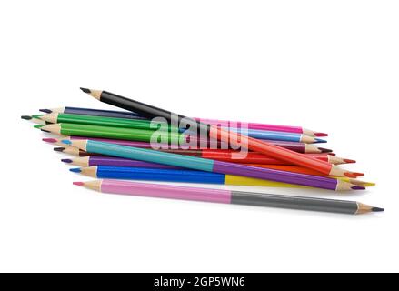 sharpened colored wooden pencils on an white background, top view Stock Photo