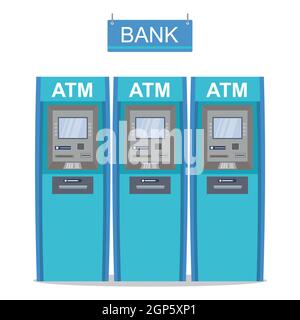 ATM Bank Cash Machine,cartoon three cash dispensers isolated on white background,board with inscription-bank. Flat vector illustration Stock Vector