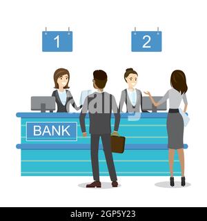 Male and female clients standing and talking to managers of bank or credit department. Cartoon characters.Illustration isolated on white background,fl Stock Vector