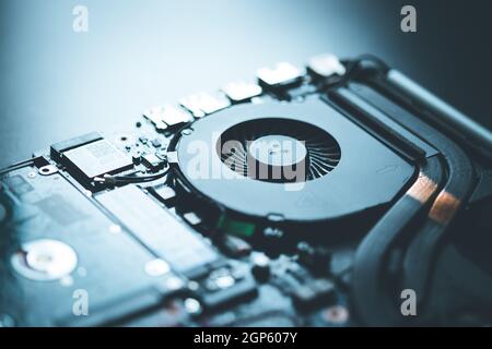 Computer cooling fan for overclocking on a circuit board, close up; Computer technology. Stock Photo