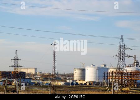 Refinery. Reservoirs for storage of refinery products. Rectification columns. Distillation columns, pipes and other equipment furnaces refinery. The o Stock Photo