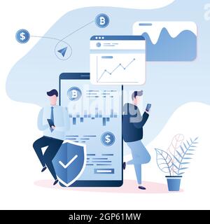 Business people and big smartphone with cryptocurrency exchange,male characters in trendy simple style,vector illustration Stock Vector