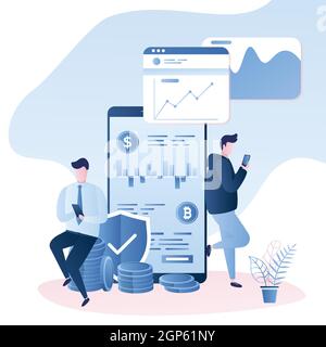 Business people and big smartphone with cryptocurrency exchange,male characters in trendy simple style,vector illustration Stock Vector