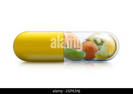 pill with citrus fruits inside on with background with reflection Stock Photo