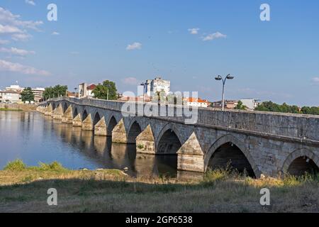 SVILENGRAD, BULGARIA - JULY 19, 2020: Sixteenth century Mustafa Pasha Bridge (Old Bridge) over Maritsa river in town of Svilengrad, Haskovo Region, Bu Stock Photo