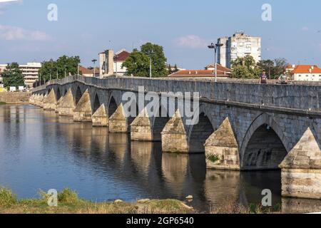 SVILENGRAD, BULGARIA - JULY 19, 2020: Sixteenth century Mustafa Pasha Bridge (Old Bridge) over Maritsa river in town of Svilengrad, Haskovo Region, Bu Stock Photo