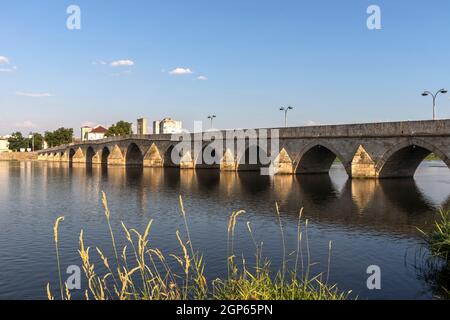 SVILENGRAD, BULGARIA - JULY 19, 2020: Sixteenth century Mustafa Pasha Bridge (Old Bridge) over Maritsa river in town of Svilengrad, Haskovo Region, Bu Stock Photo