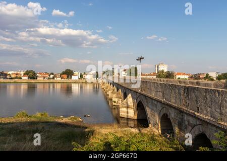 SVILENGRAD, BULGARIA - JULY 19, 2020: Sixteenth century Mustafa Pasha Bridge (Old Bridge) over Maritsa river in town of Svilengrad, Haskovo Region, Bu Stock Photo